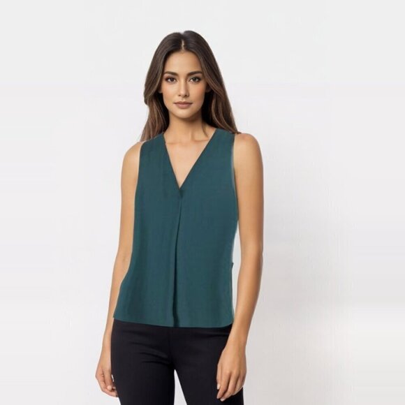 H&M Women's Conscious V-Neck Dark green Chiffon TunicSleeveless Blouse - Picture 1 of 5